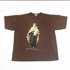 Vintage Brown Graphic T-Shirt with Virgen del Carmen Print Men’s size XL